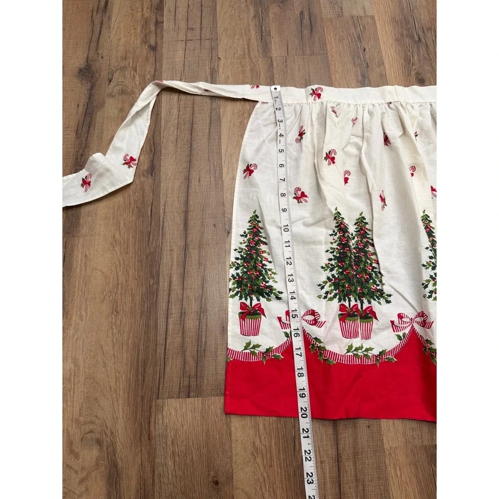 Vintage Christmas Half Apron Tree Bow Print Red Cream Holiday Hostess